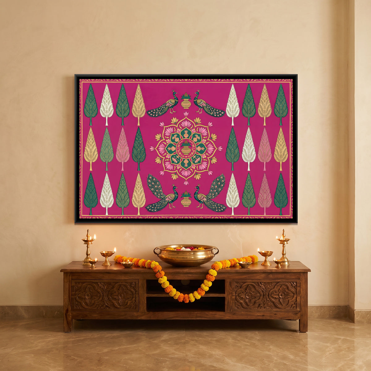 Pichwai Peacocks and Kalash — canvas art shown in a styled room