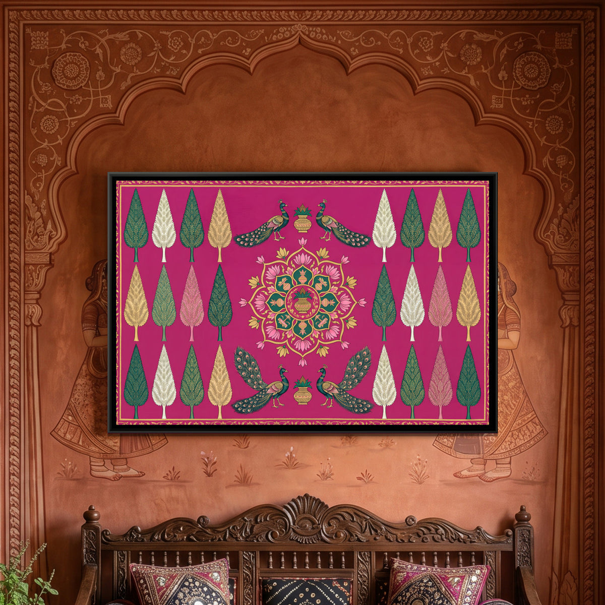 Pichwai Peacocks and Kalash — framed canvas art hung on a wall