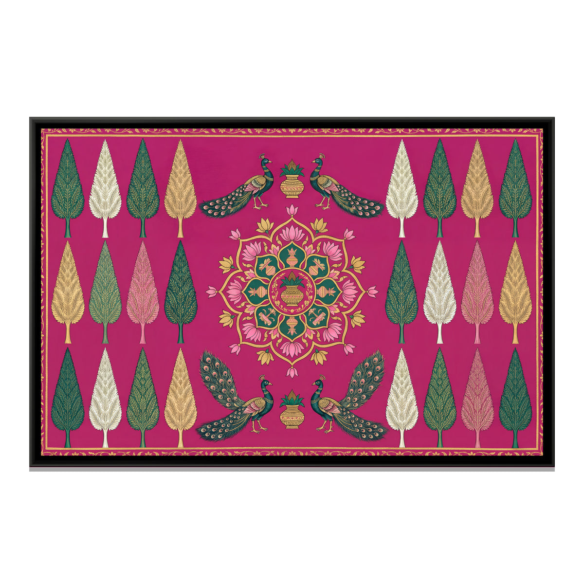 Pichwai Peacocks and Kalash — framed canvas print, front view