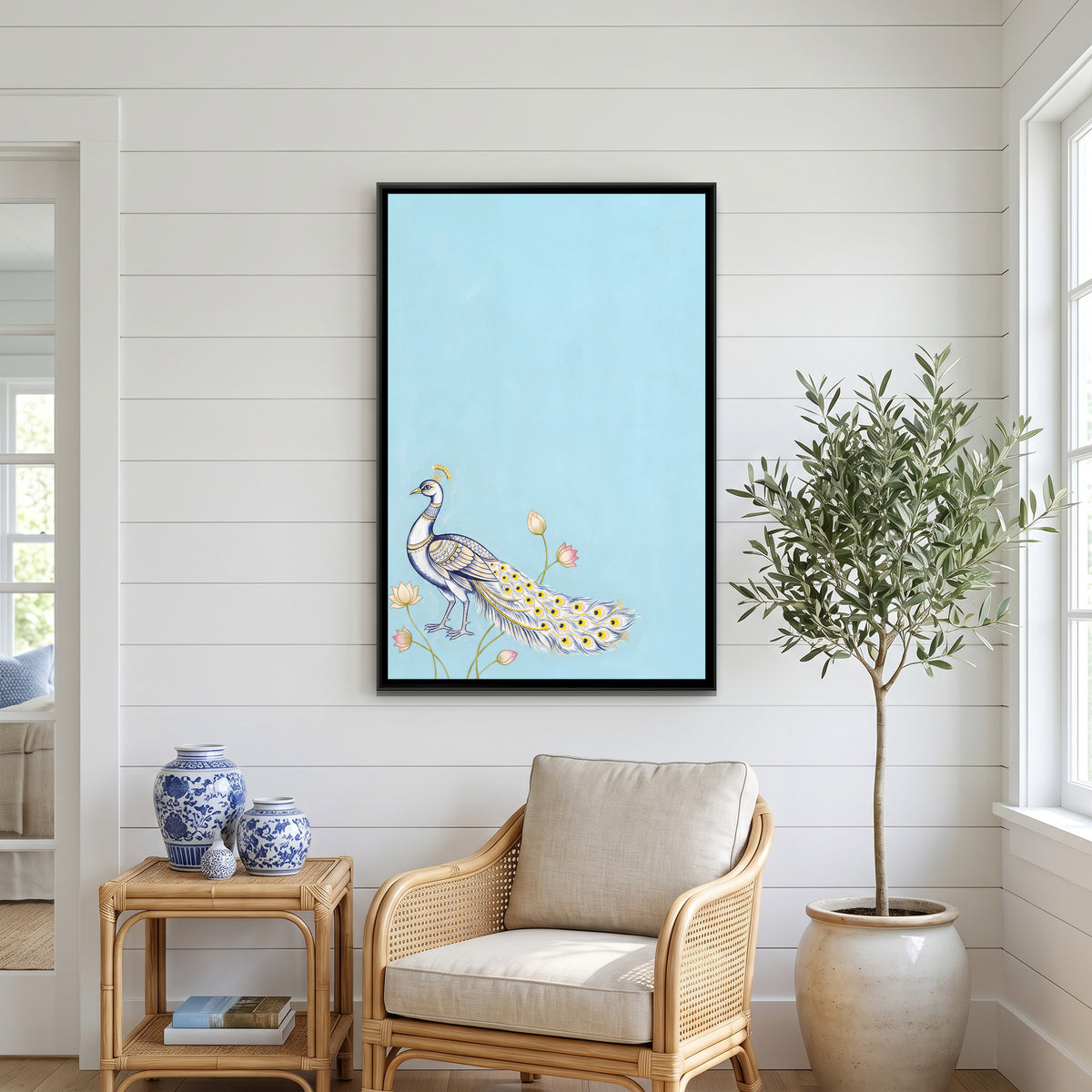Pichwai Peacock — canvas art shown in a second room setting