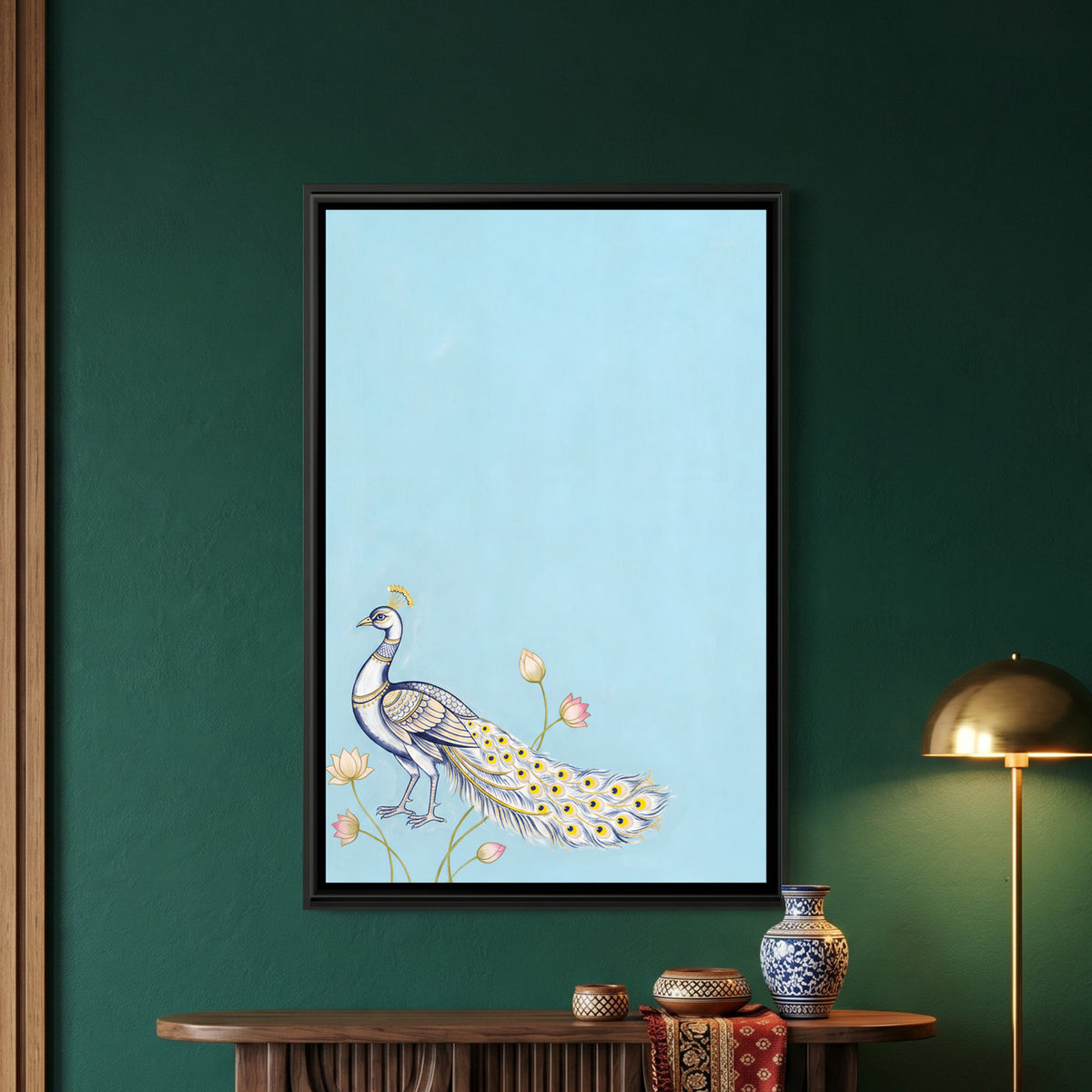 Pichwai Peacock — framed canvas art hung on a wall