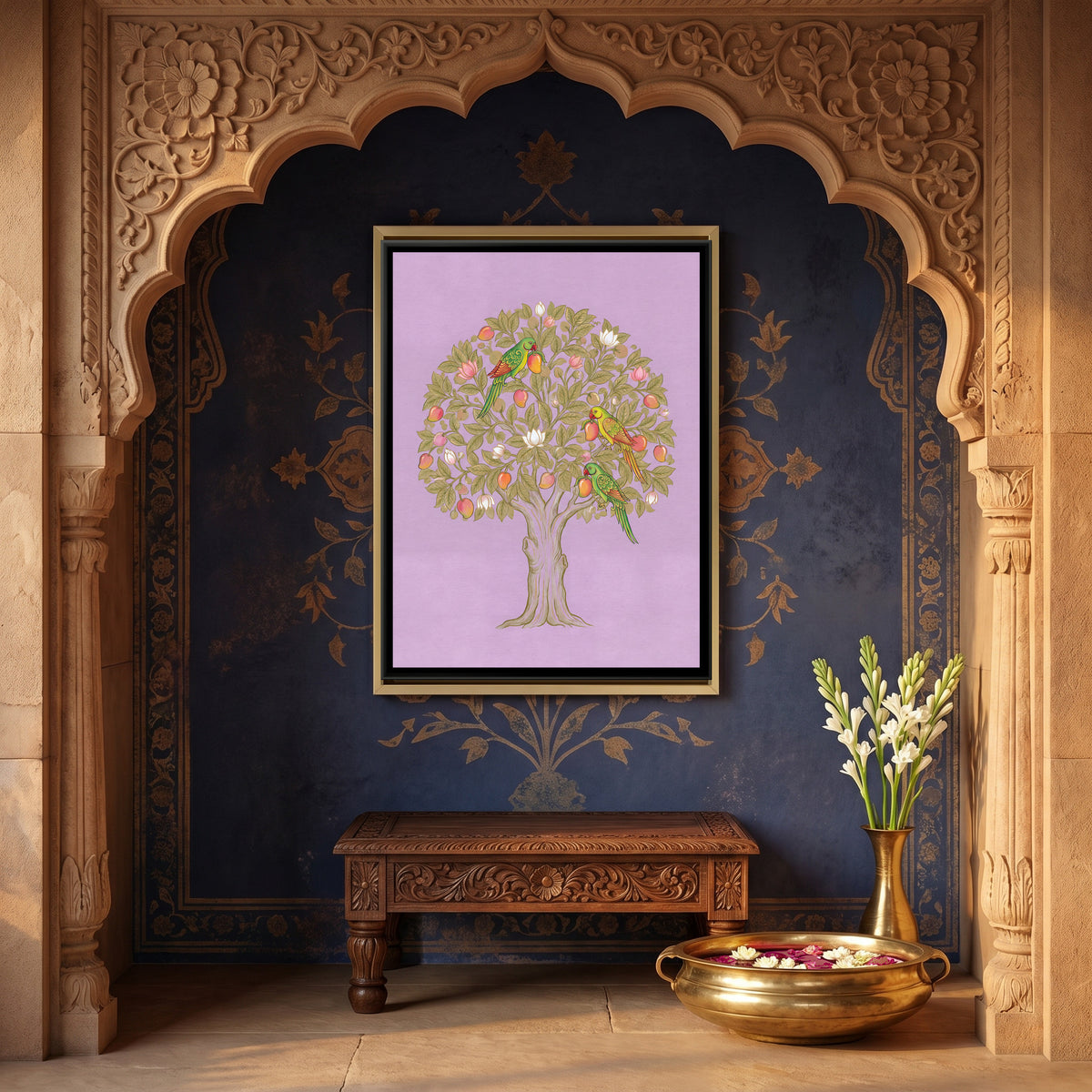 Pichwai Tree of Life — canvas art shown in a styled room