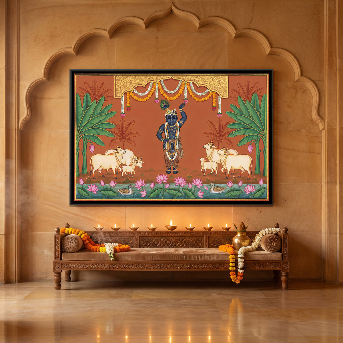 Pichwai Shrinathji with Cows — canvas art shown in a styled room