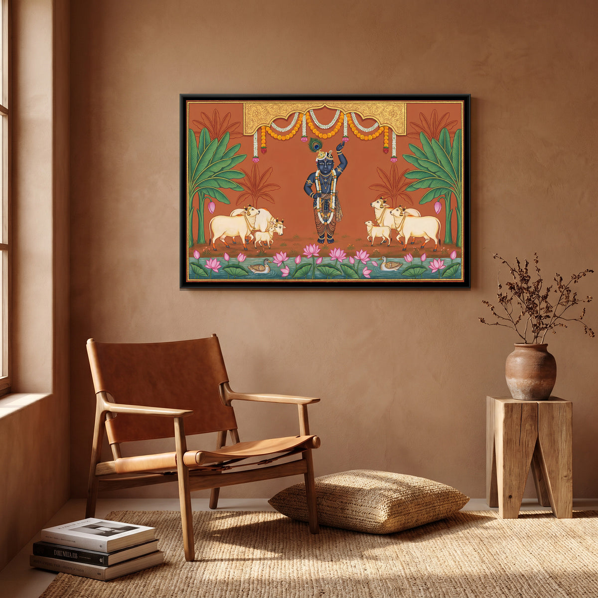 Pichwai Shrinathji with Cows — canvas art shown in a second room setting