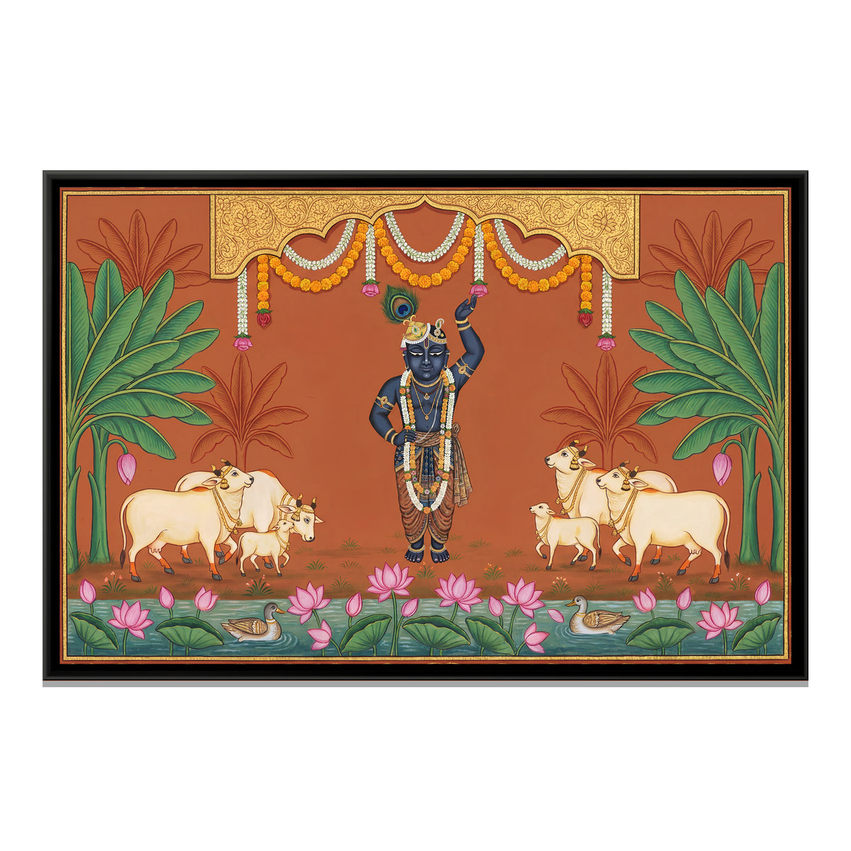 Pichwai Shrinathji with Cows — framed canvas print, front view