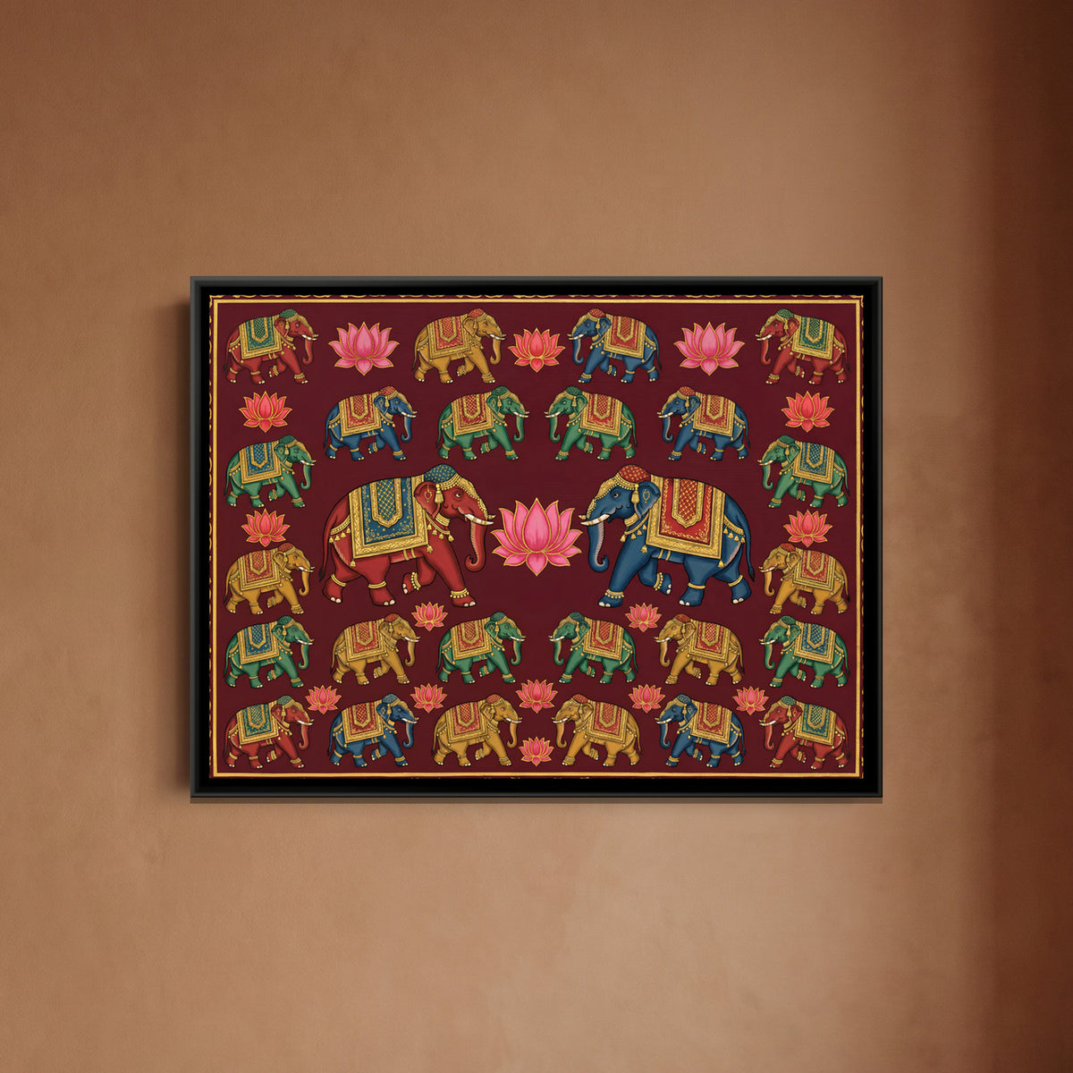 Pichwai Elephants — framed canvas art hung on a wall