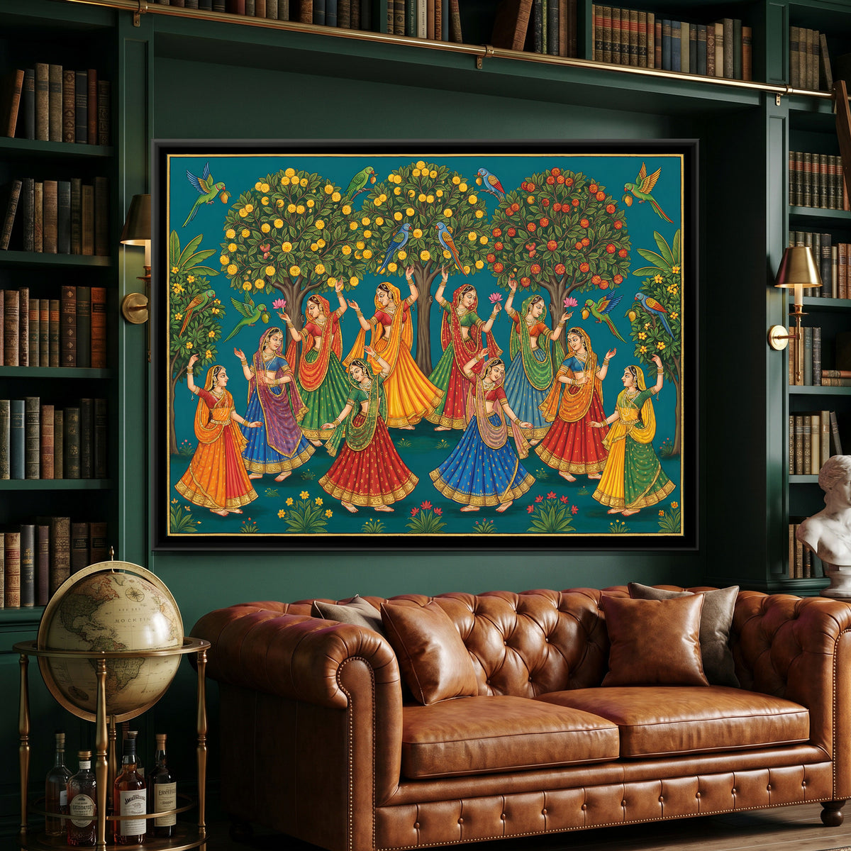 Pichwai Gopis — framed canvas art hung on a wall