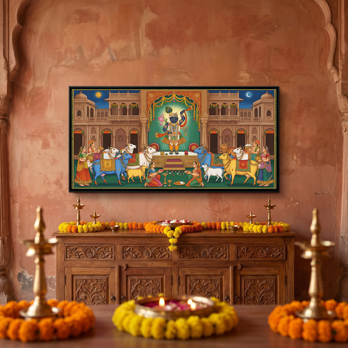 Pichwai Gau Seva — canvas art shown in a styled room