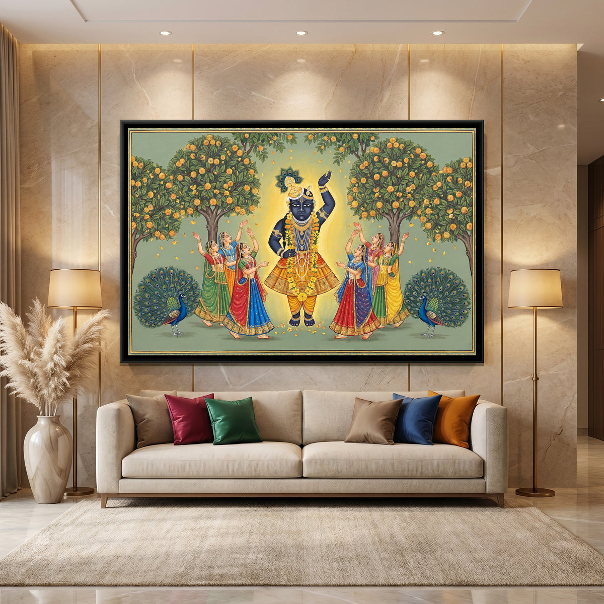 Shrinathji with Gopis — canvas art shown in a second room setting