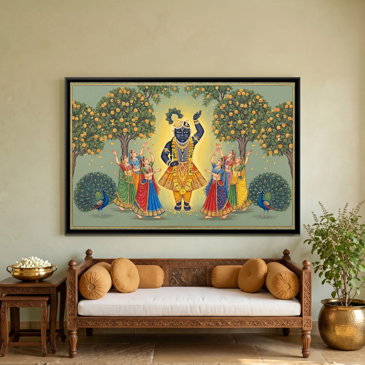 Shrinathji with Gopis — framed canvas art hung on a wall