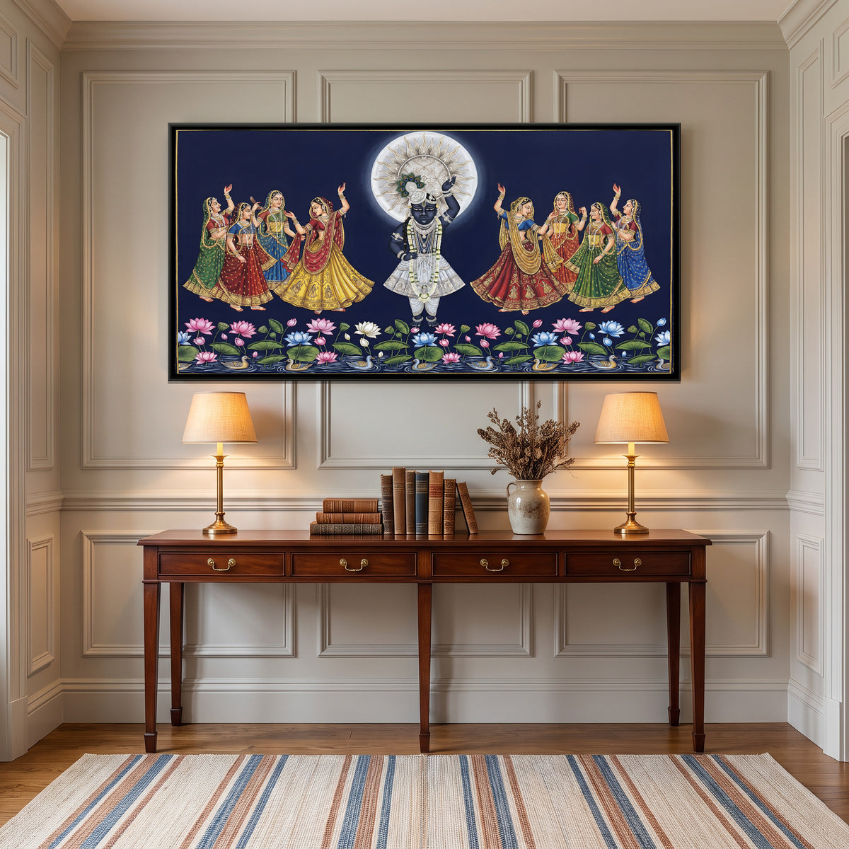 Pichwai Raas Leela — canvas art shown in a styled room