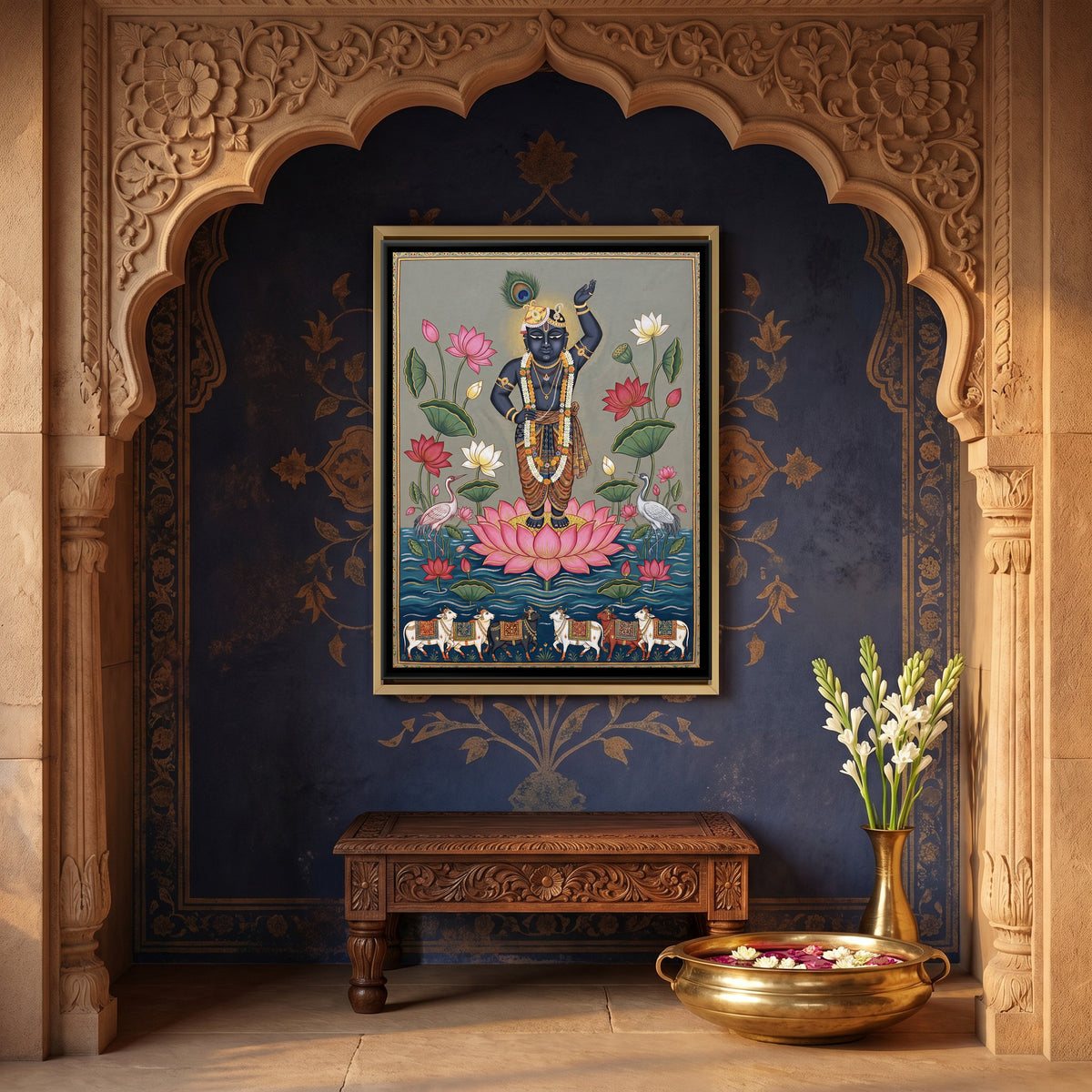 Shrinathji on Lotus — canvas art shown in a styled room