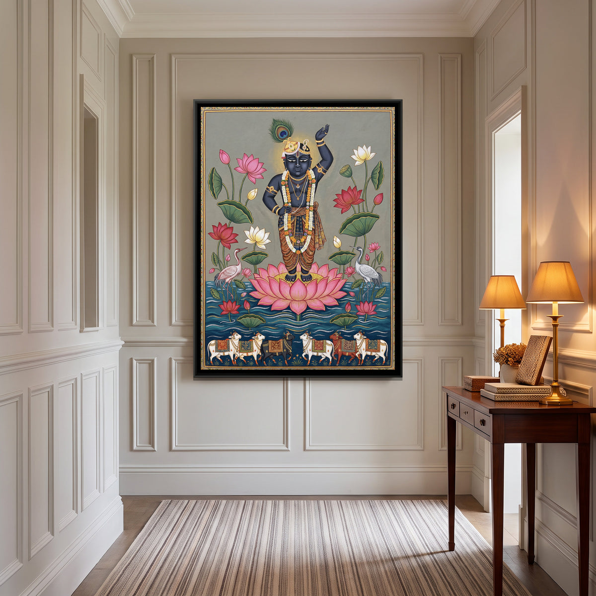 Shrinathji on Lotus — canvas art shown in a second room setting