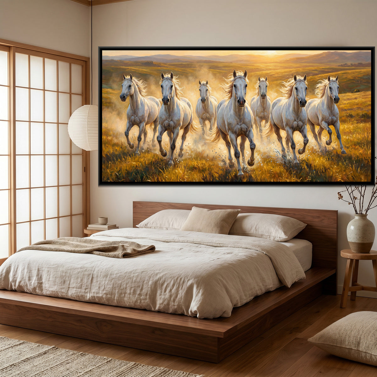 7 White Horses Running at Sunset — canvas art shown in a styled room