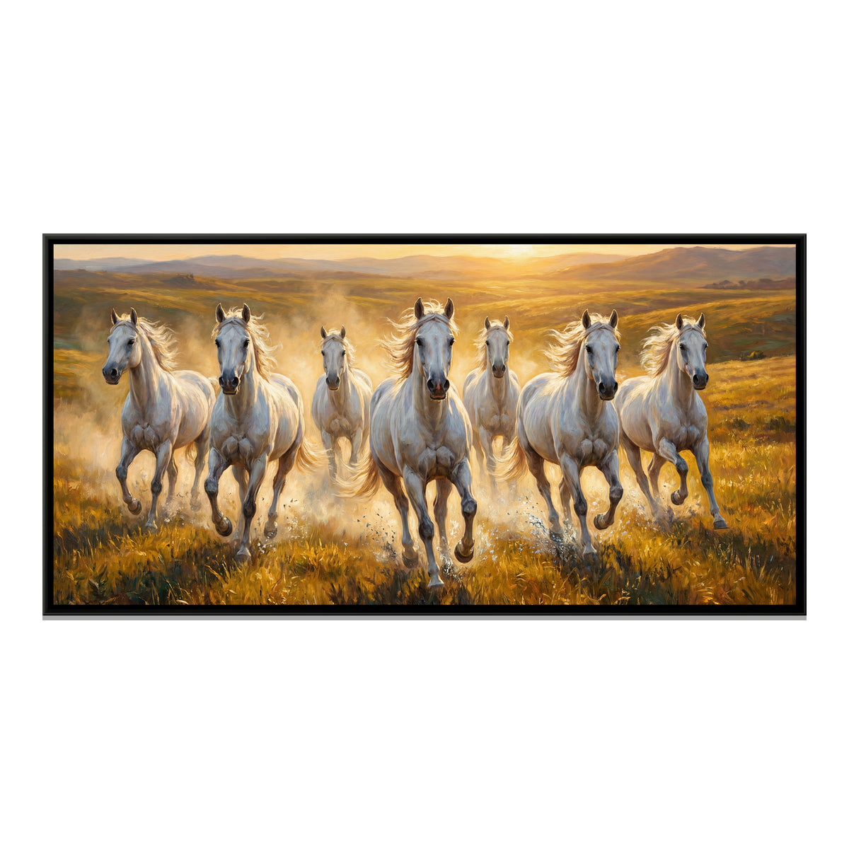 7 White Horses Running at Sunset — framed canvas print, front view