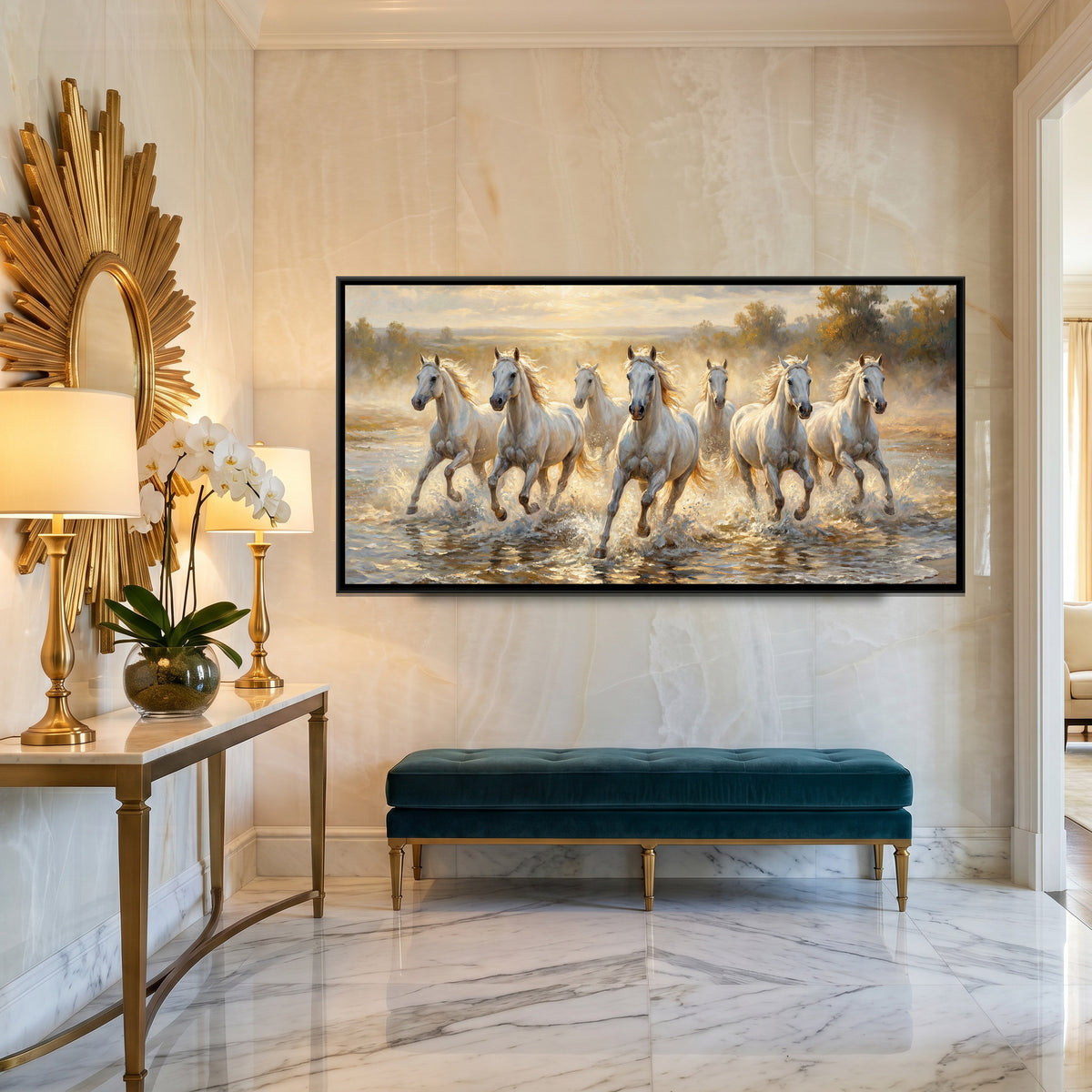7 Horses — canvas art shown in a styled room
