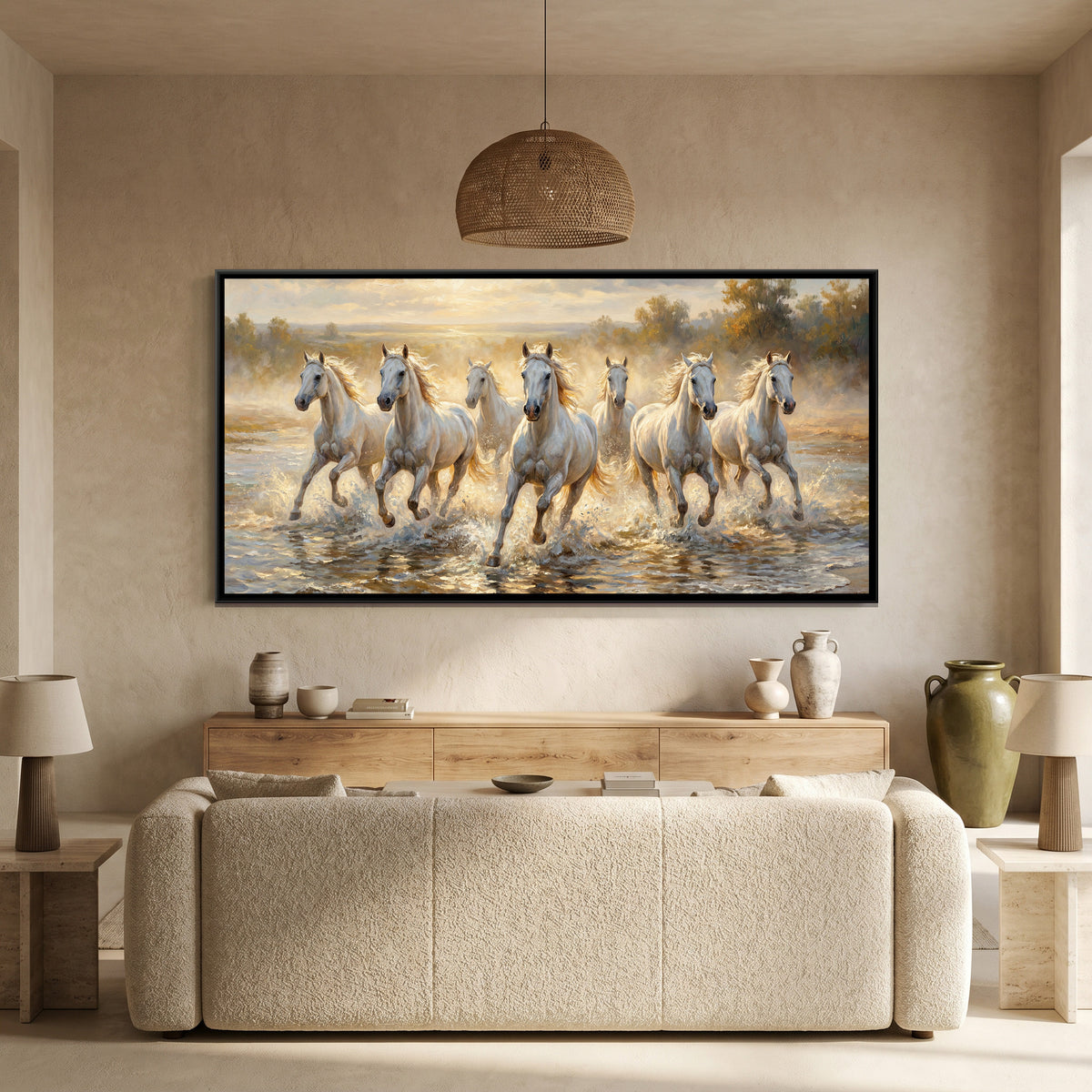 7 Horses — canvas art shown in a second room setting