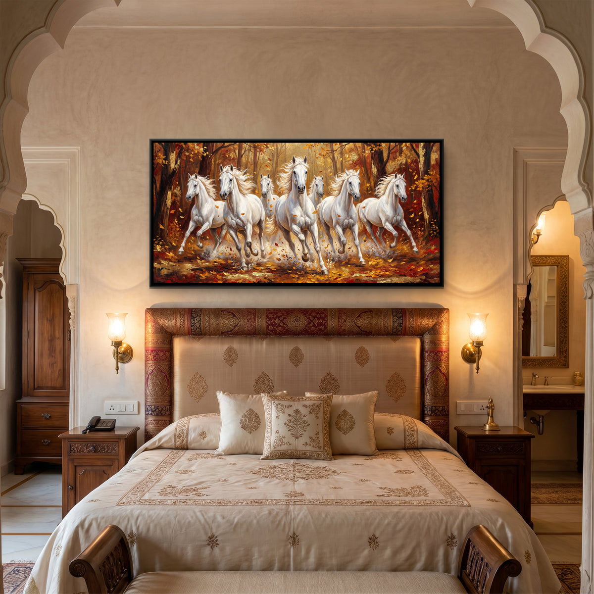 7 Horses — canvas art shown in a styled room