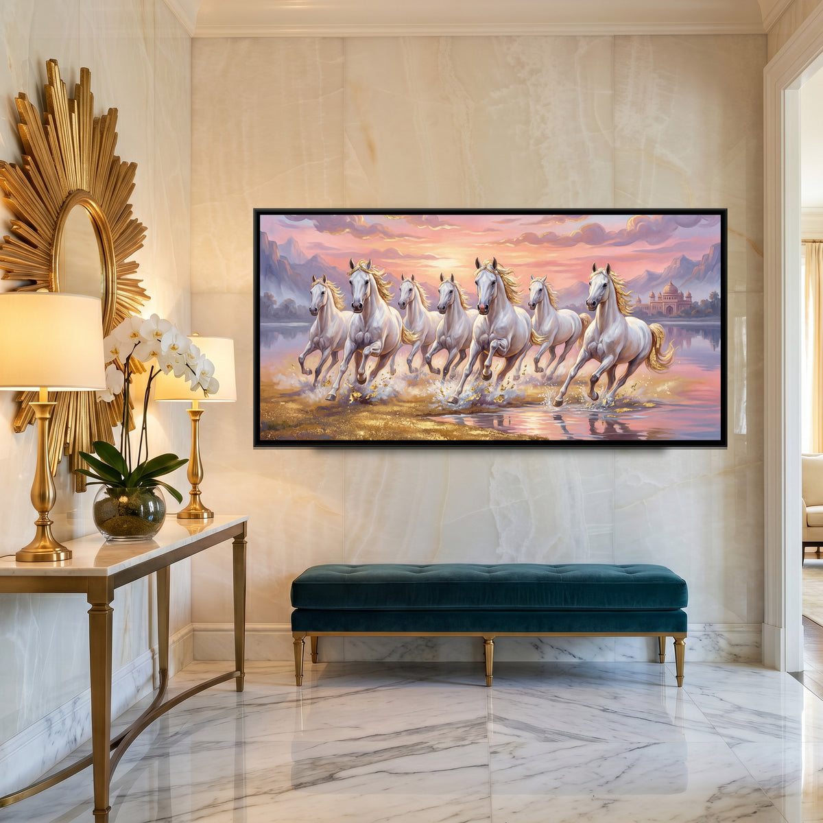 7 Horses — canvas art shown in a styled room