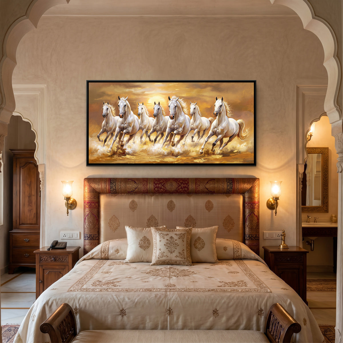 7 Horses — canvas art shown in a styled room