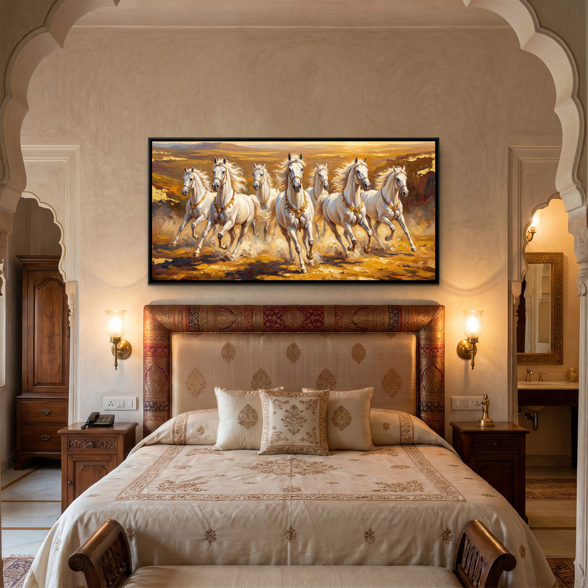 7 Horses — canvas art shown in a styled room