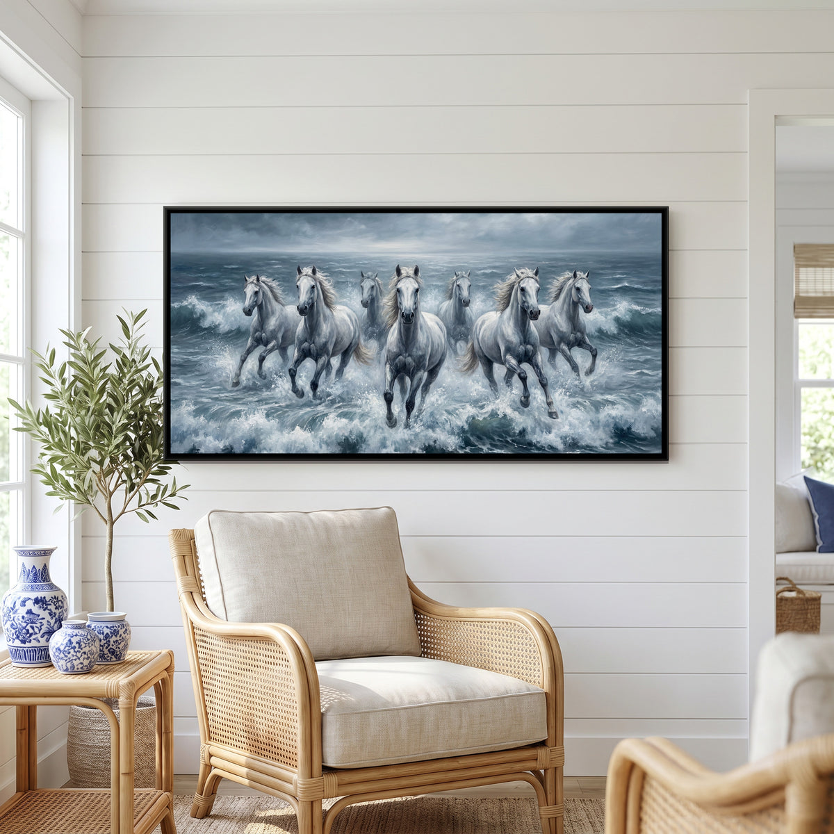 7 Horses — canvas art shown in a second room setting