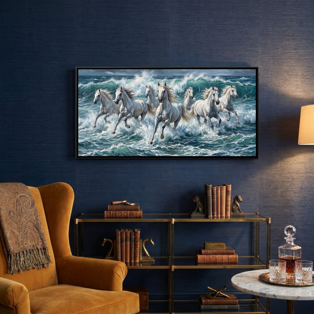 7 Horses — canvas art shown in a styled room