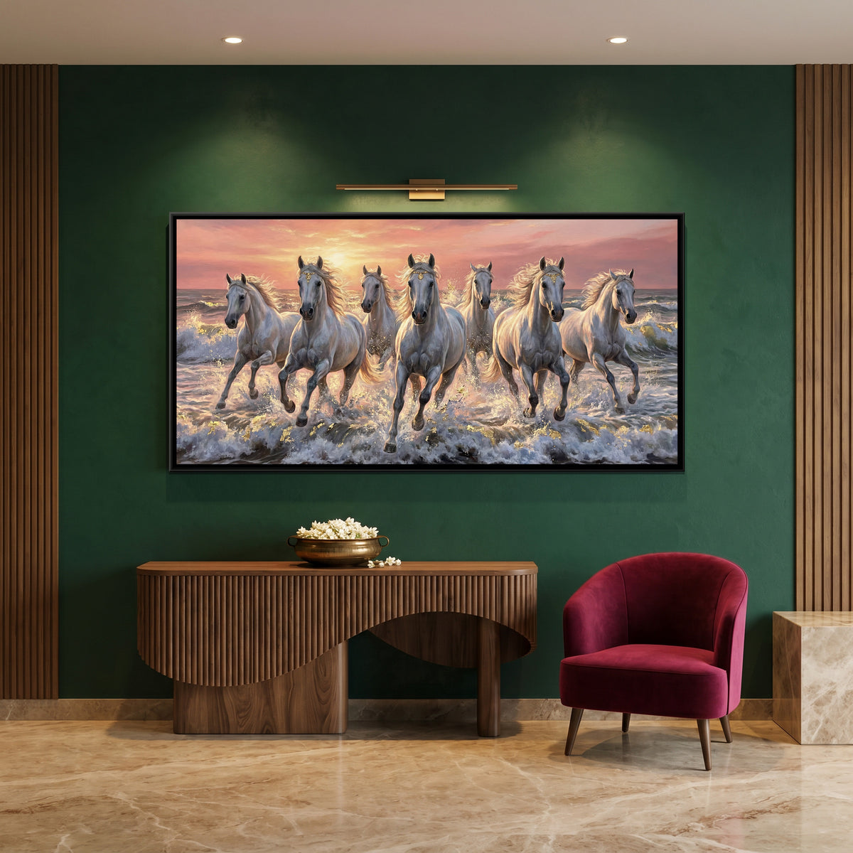 7 Horses — canvas art shown in a styled room