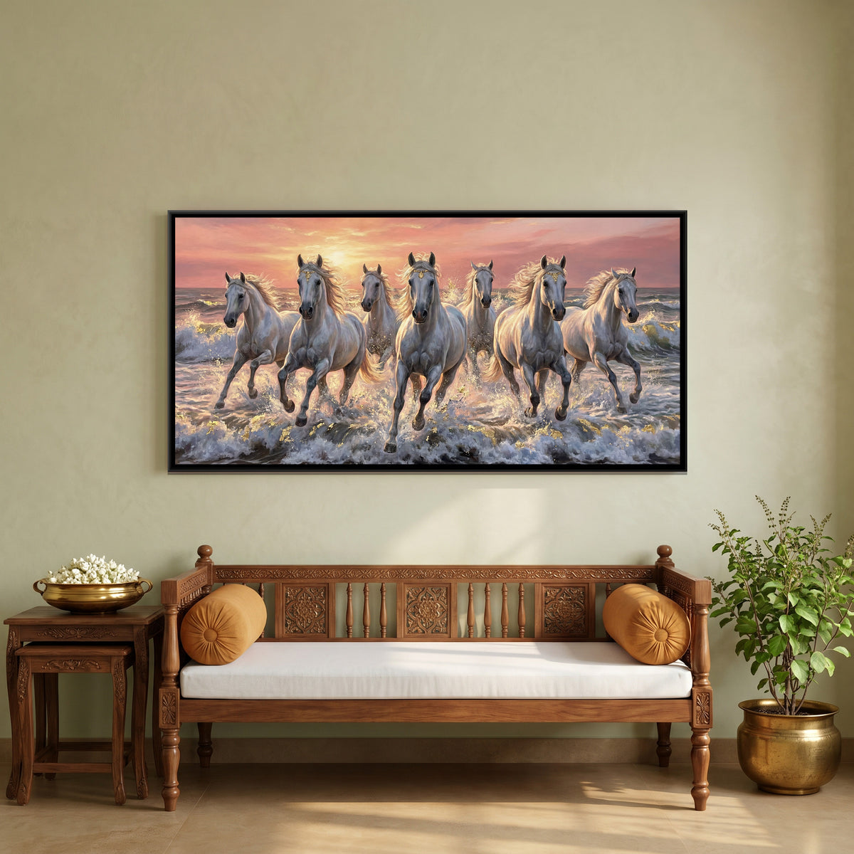 7 Horses — canvas art shown in a second room setting