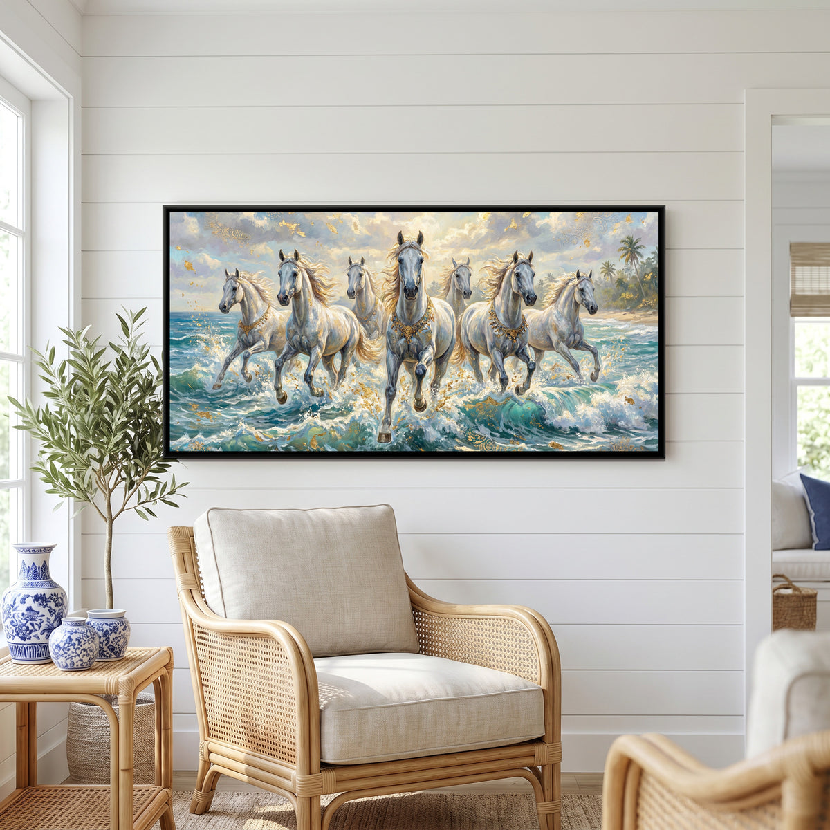 7 Horses — canvas art shown in a second room setting