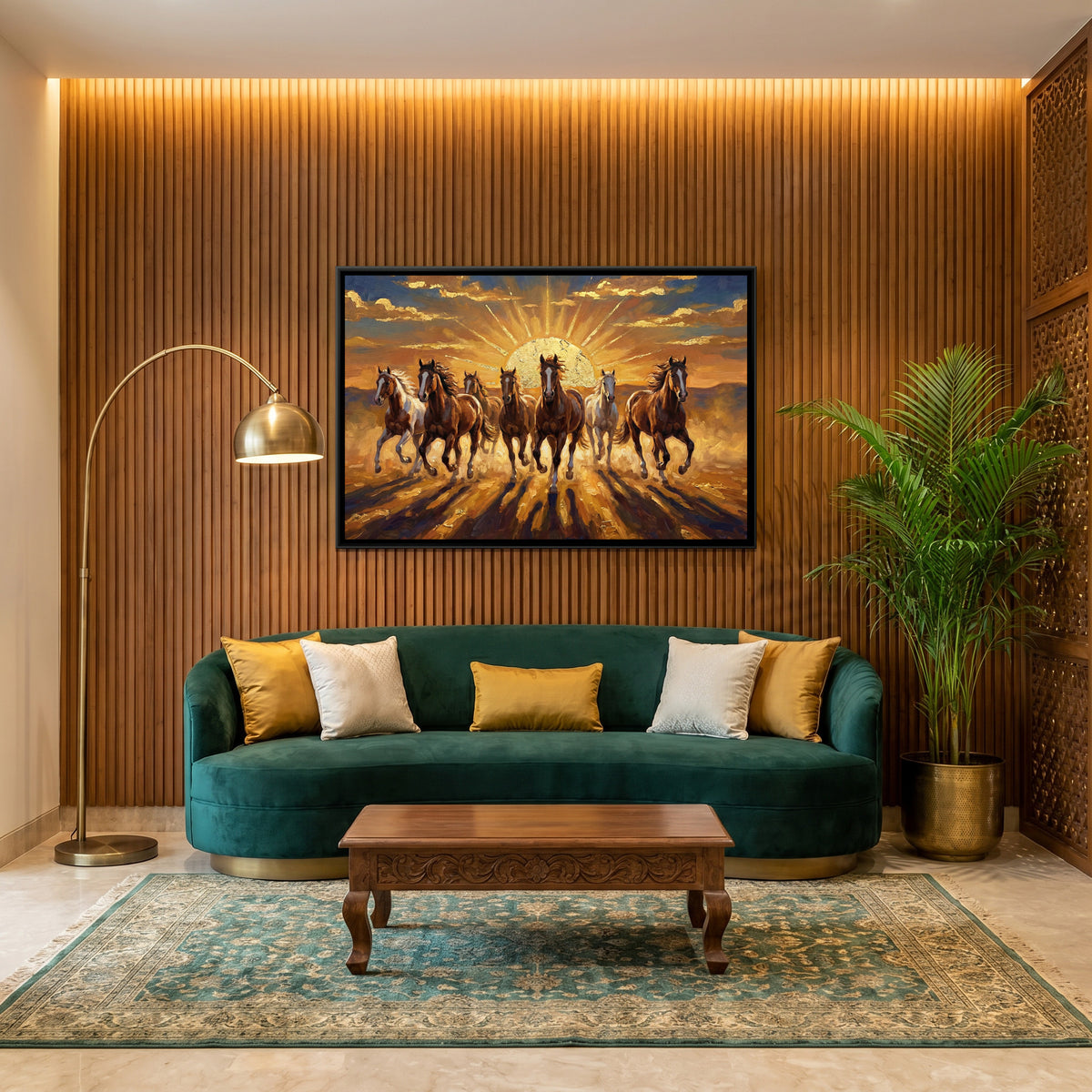 7 Horses — canvas art shown in a second room setting