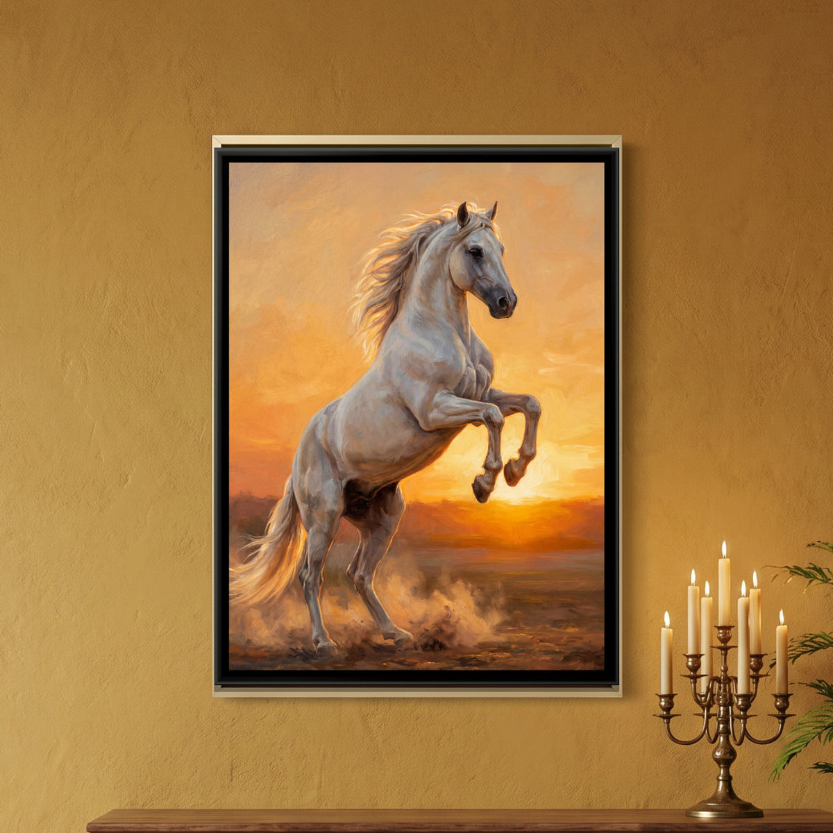 Rearing White Horse — framed canvas art hung on a wall