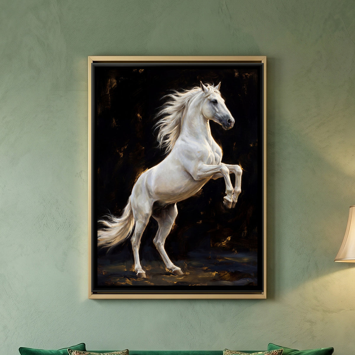 Rearing White Horse — framed canvas art hung on a wall