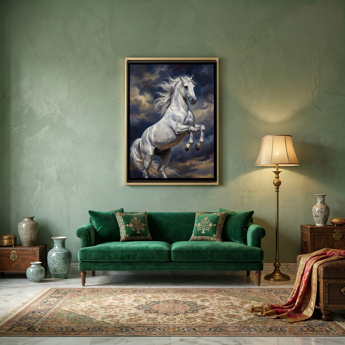 Rearing White Horse — canvas art shown in a styled room