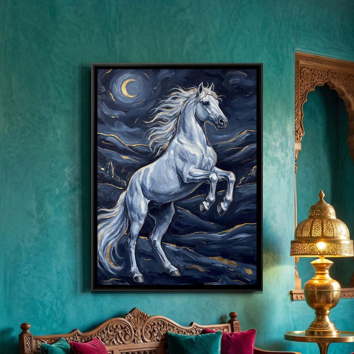 Rearing White Horse — framed canvas art hung on a wall