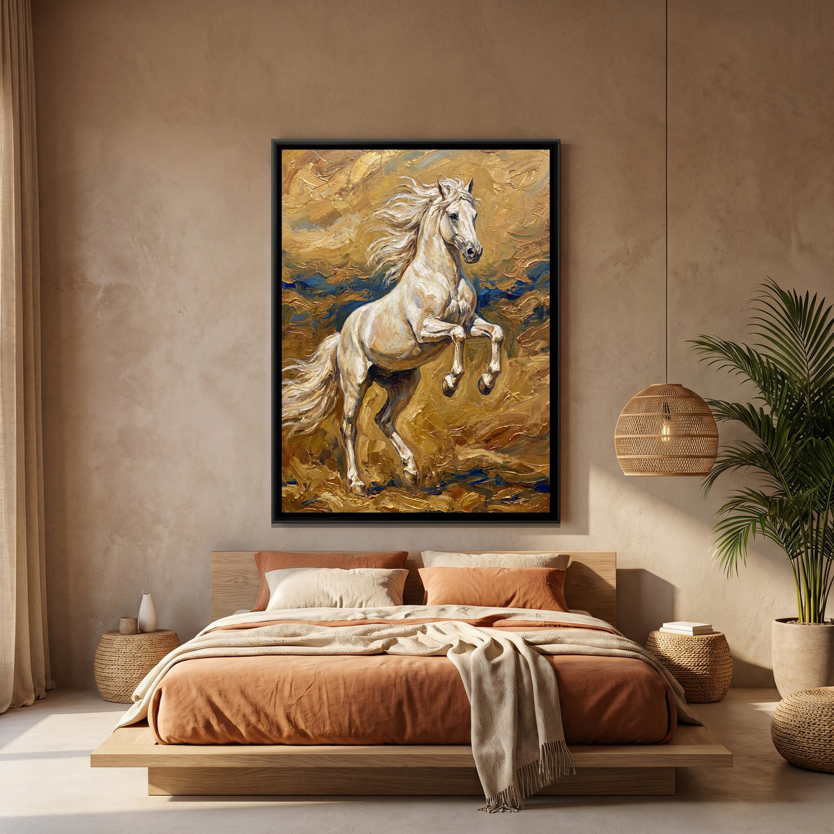 Rearing White Horse — canvas art shown in a styled room