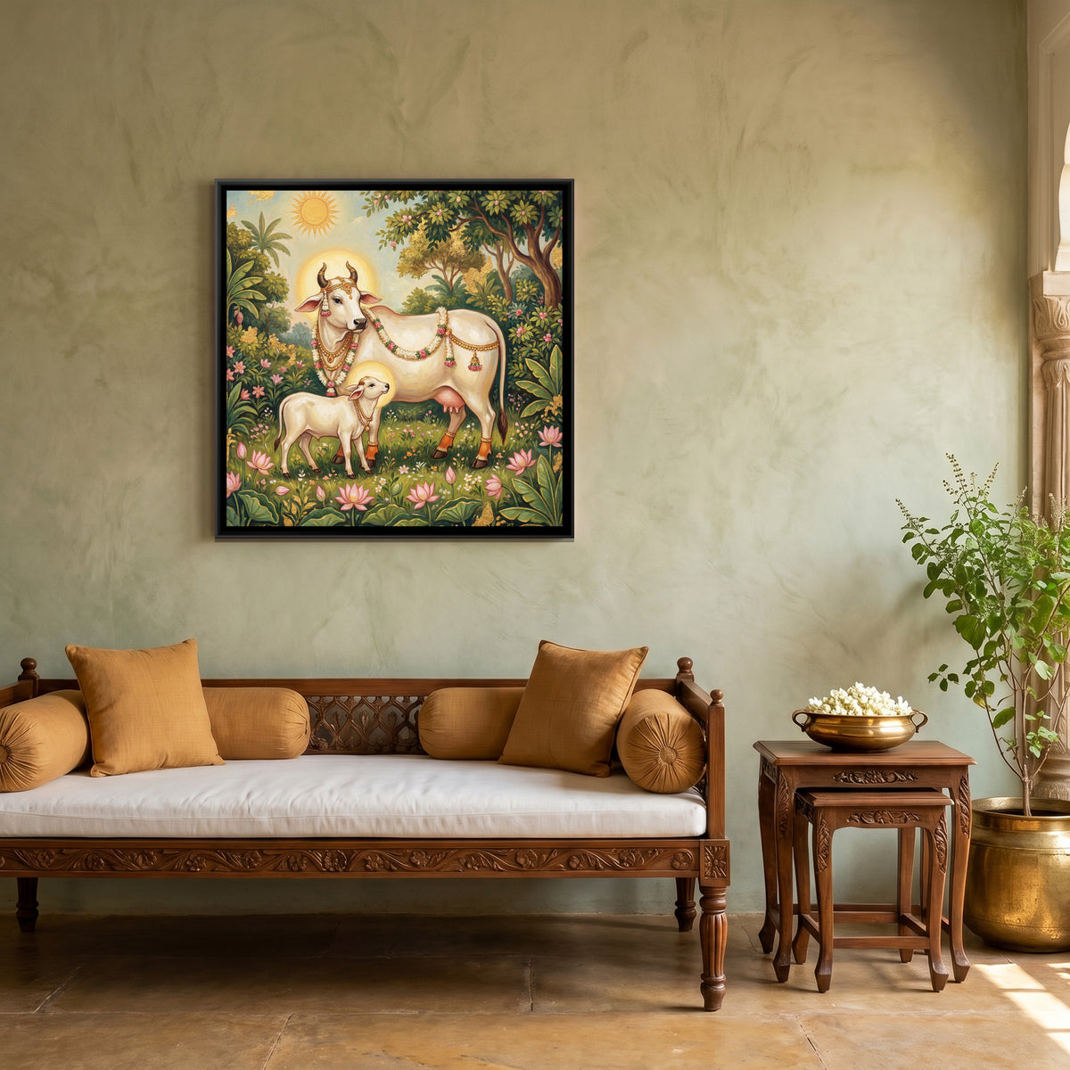 Kamadhenu Cow and Calf — canvas art shown in a styled room