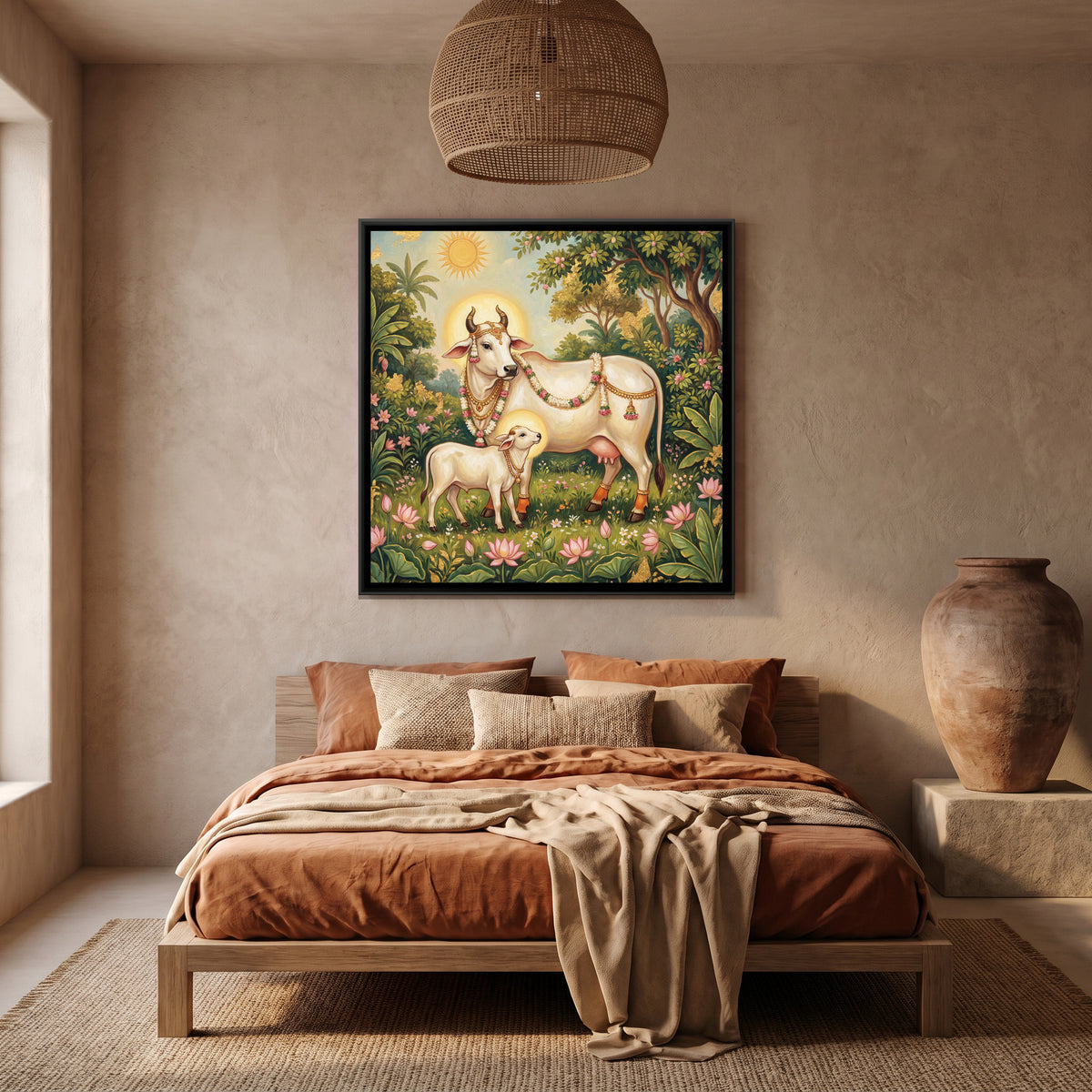 Kamadhenu Cow and Calf — canvas art shown in a second room setting