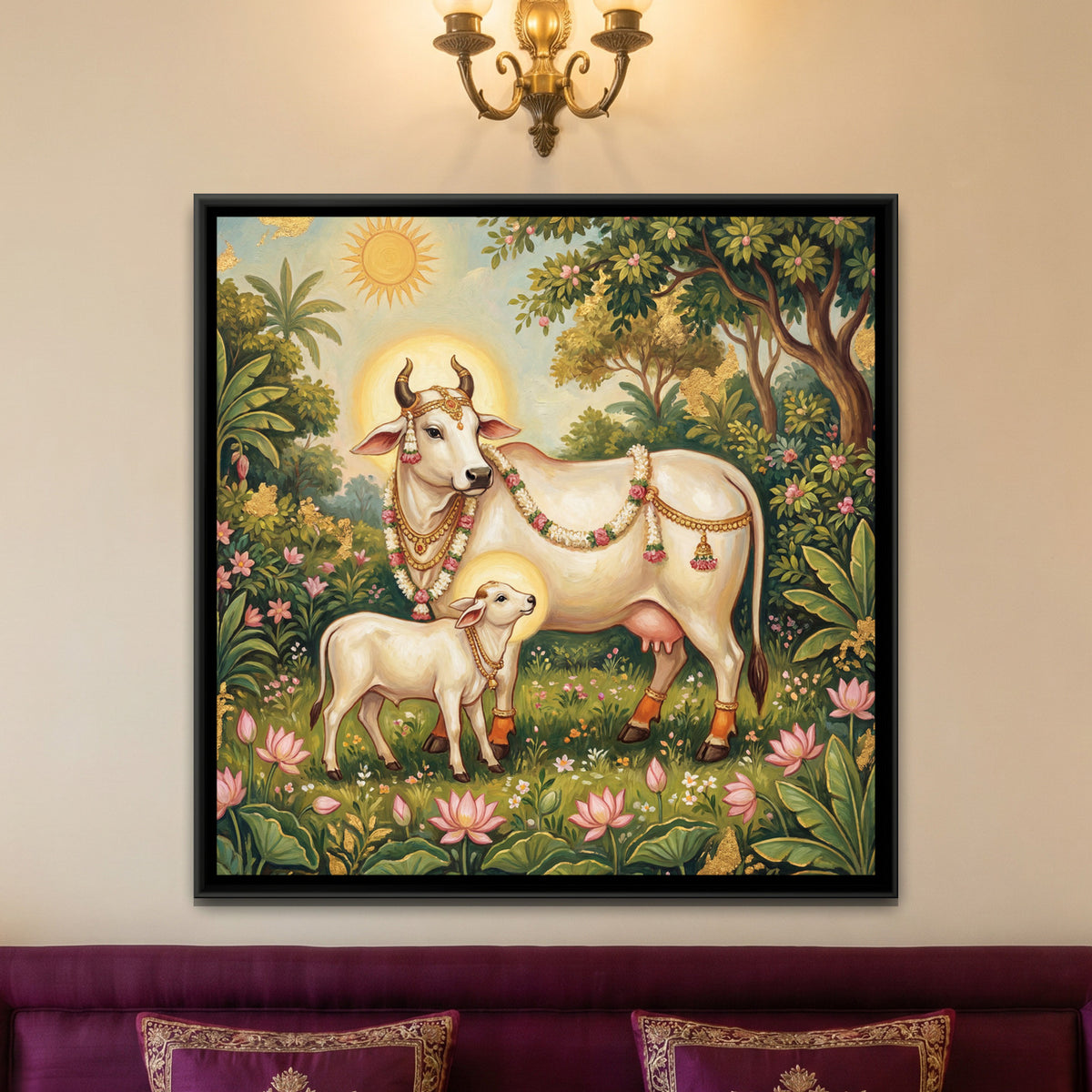 Kamadhenu Cow and Calf — framed canvas art hung on a wall