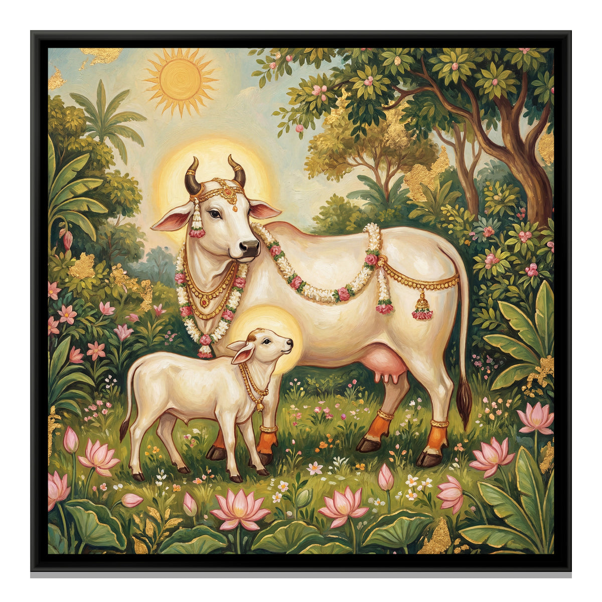 Kamadhenu Cow and Calf — framed canvas print, front view
