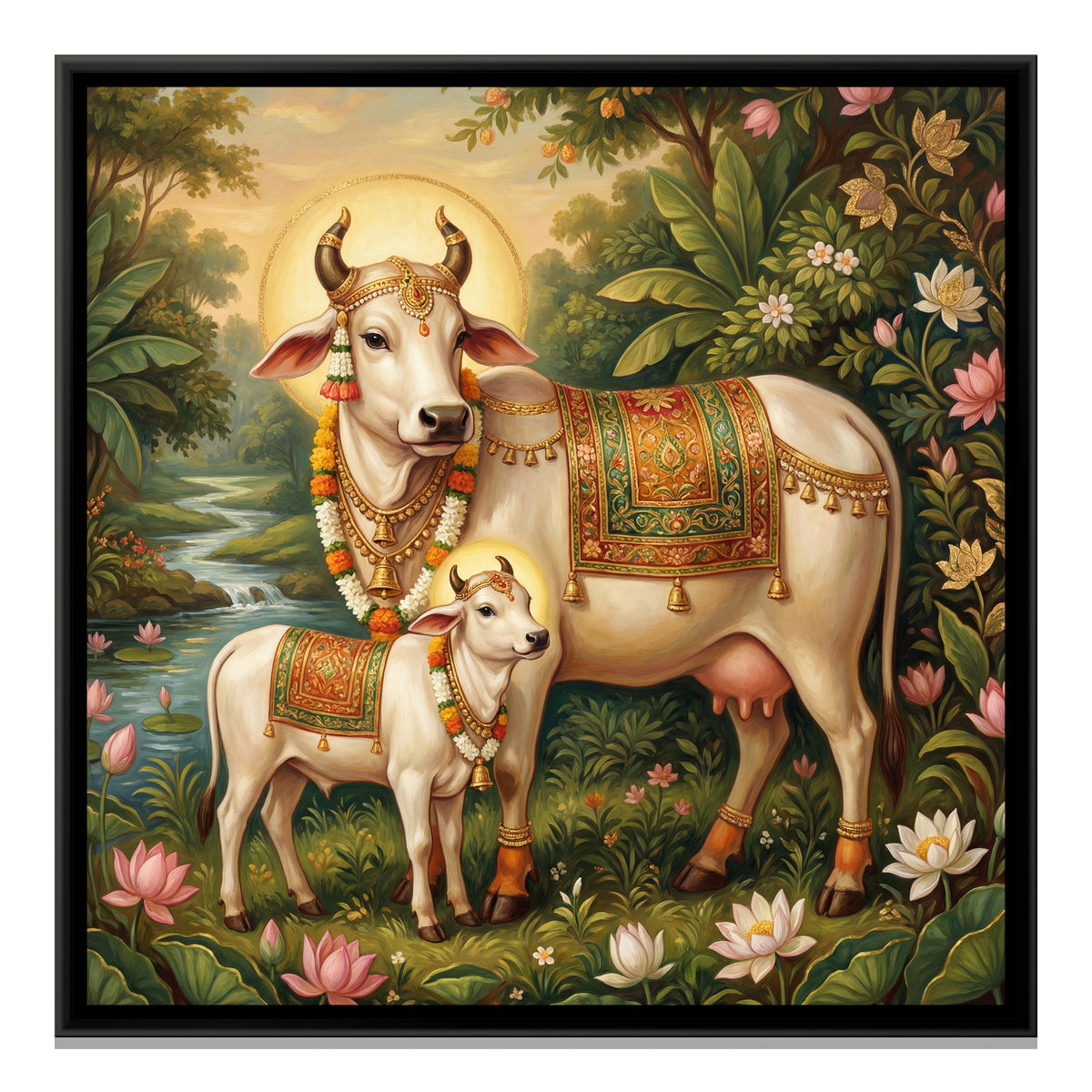 Kamadhenu Cow and Calf — framed canvas print, front view