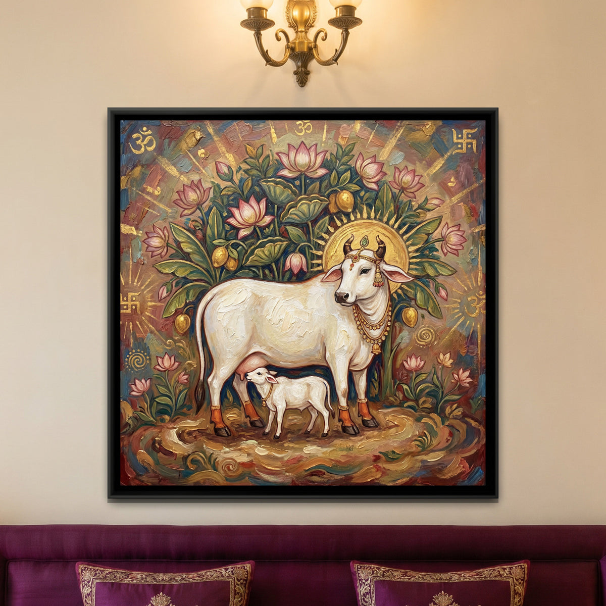 Kamadhenu Cow and Calf — framed canvas art hung on a wall