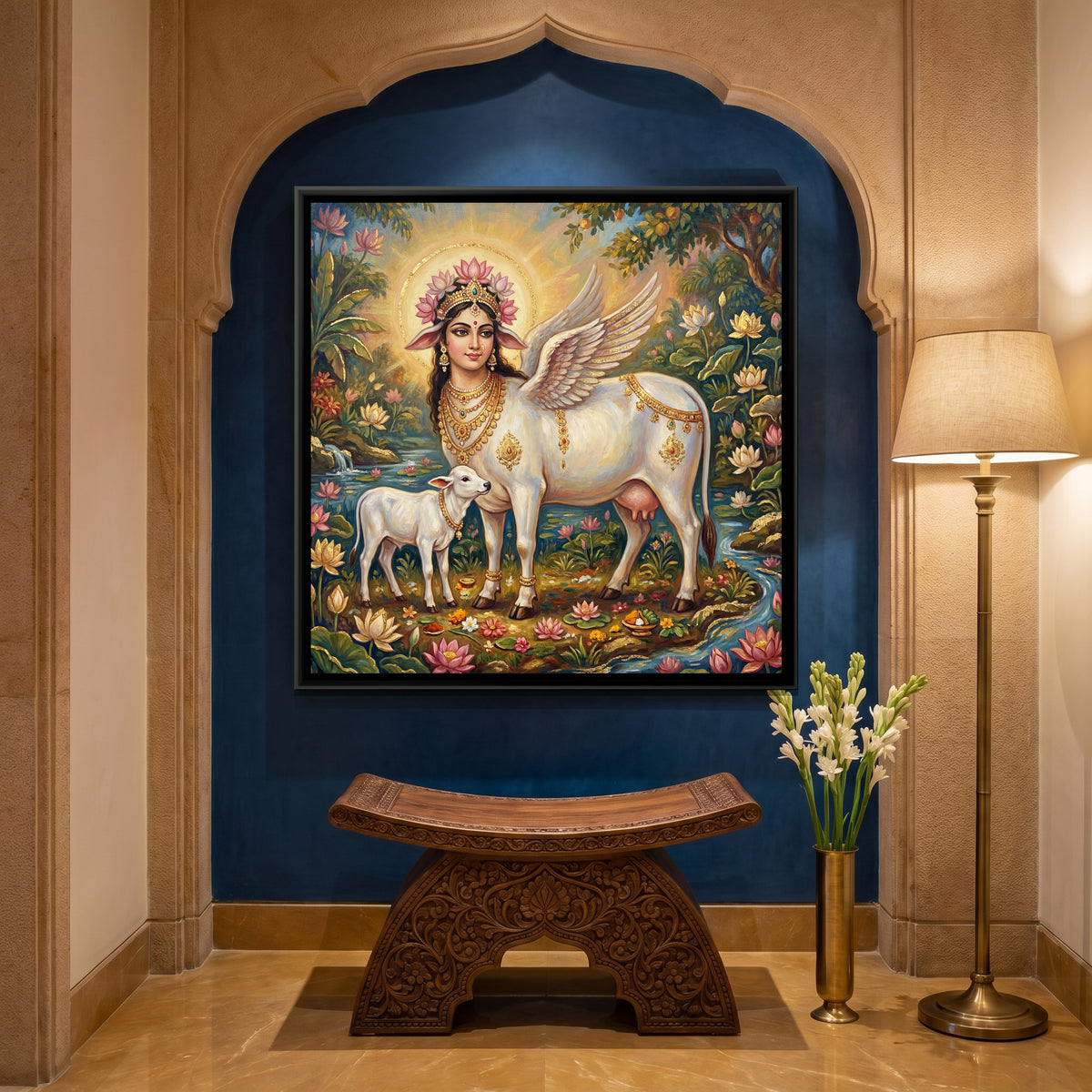 Kamadhenu Cow and Calf — canvas art shown in a styled room