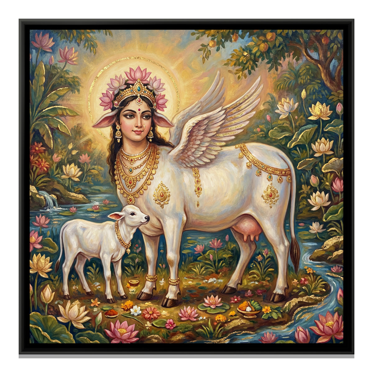 Kamadhenu Cow and Calf — framed canvas print, front view