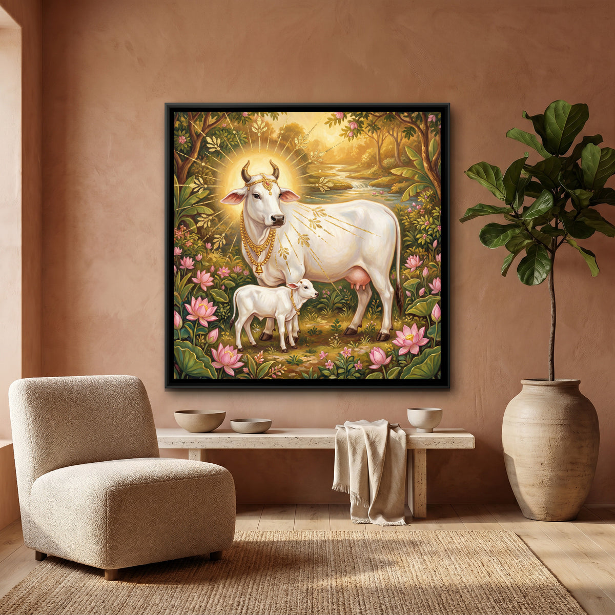 Kamadhenu Cow and Calf — canvas art shown in a styled room
