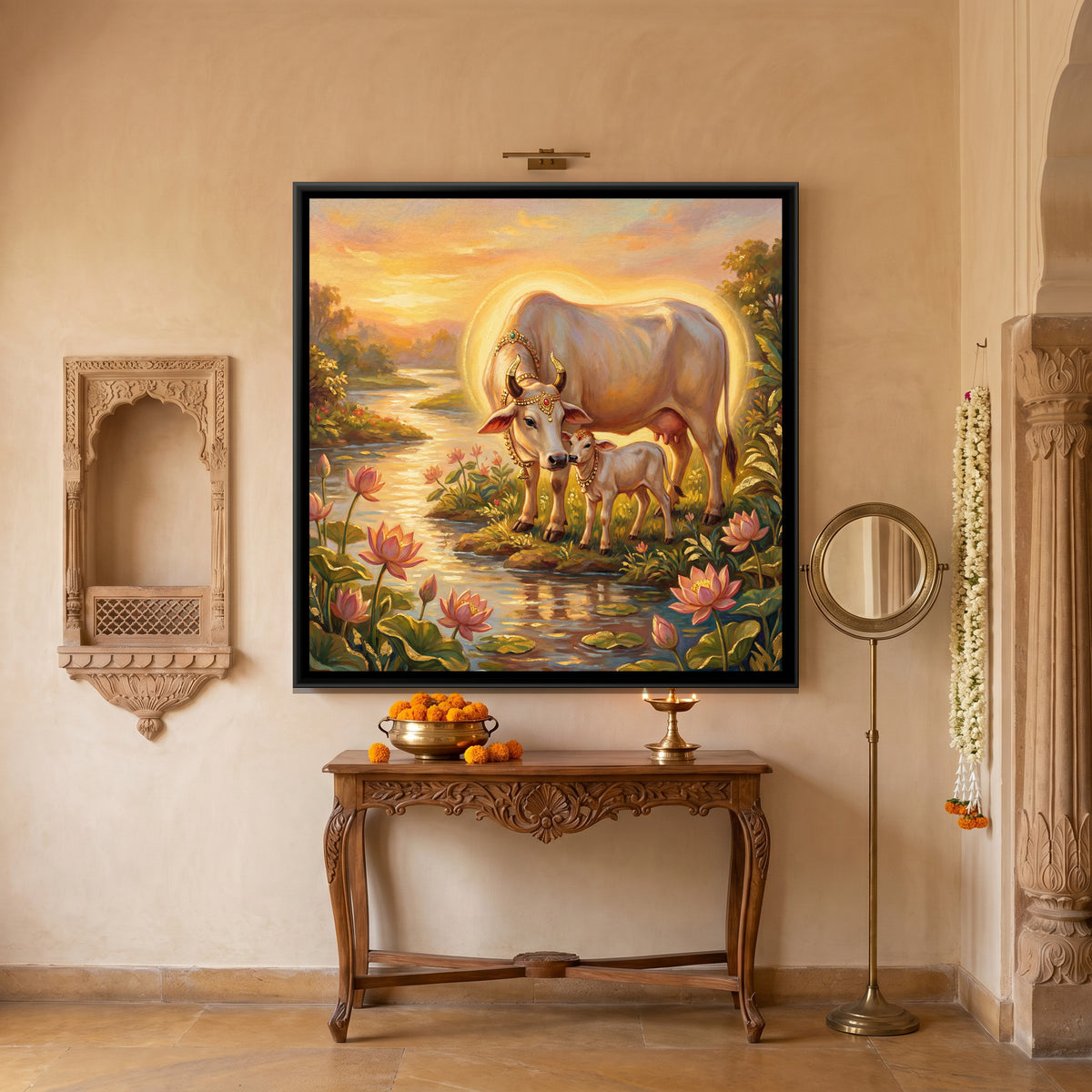 Kamadhenu Cow and Calf — canvas art shown in a second room setting