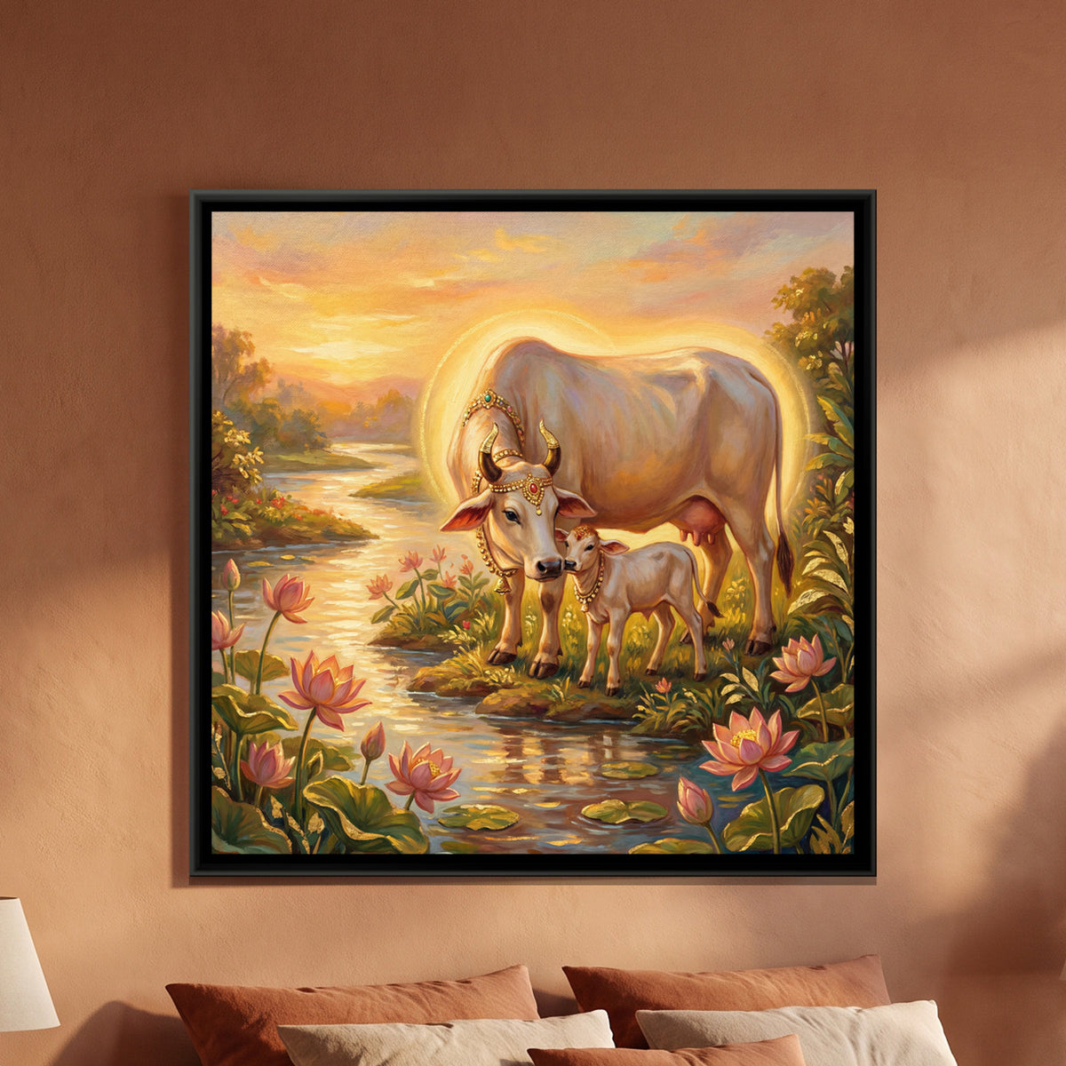 Kamadhenu Cow and Calf — framed canvas art hung on a wall