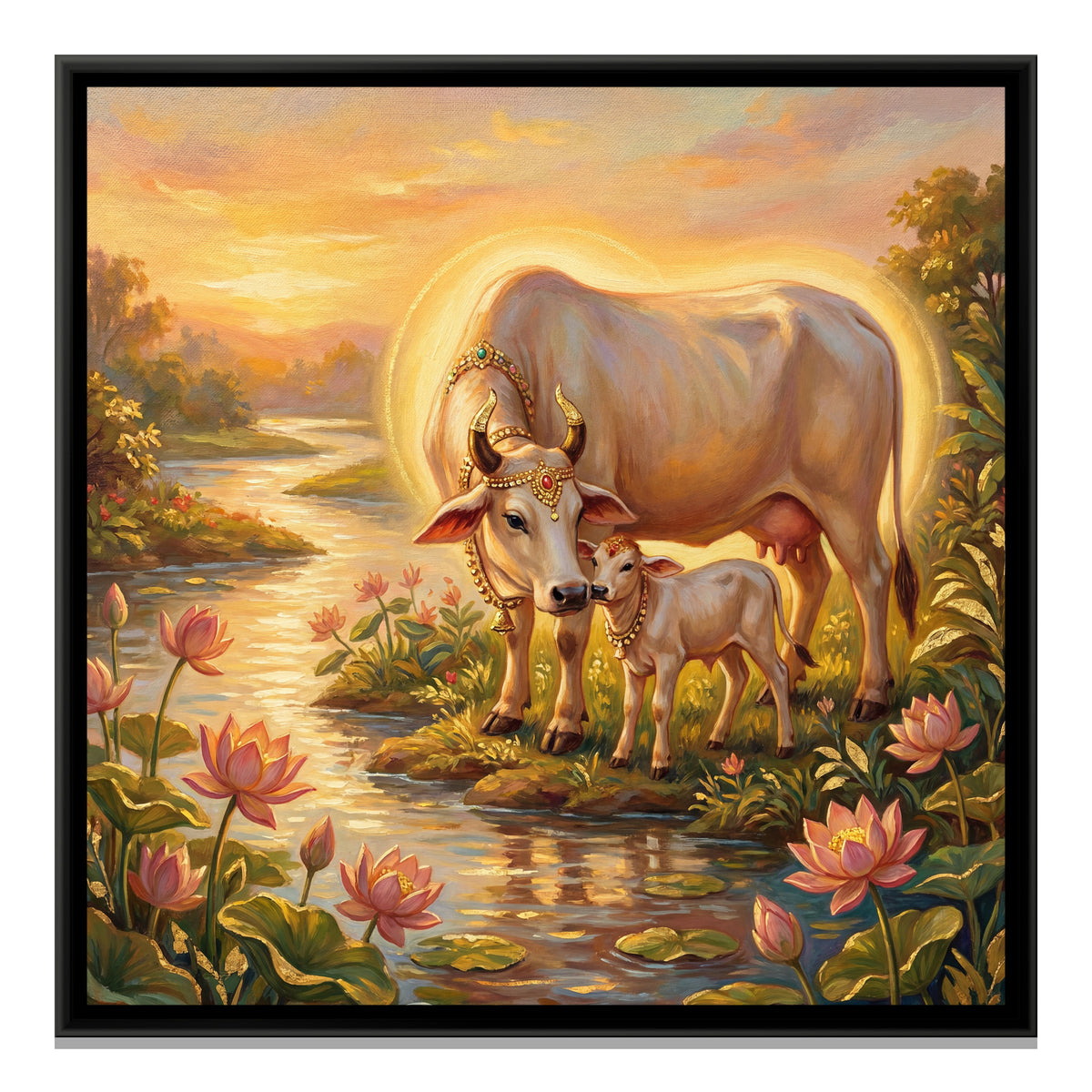 Kamadhenu Cow and Calf — framed canvas print, front view