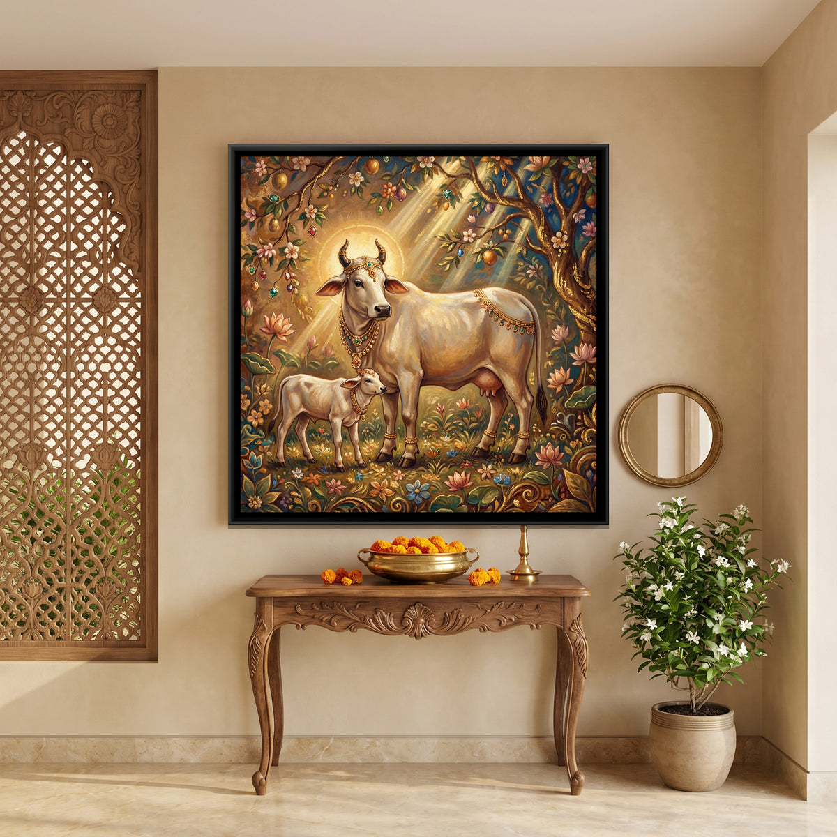Kamadhenu Cow and Calf — canvas art shown in a styled room