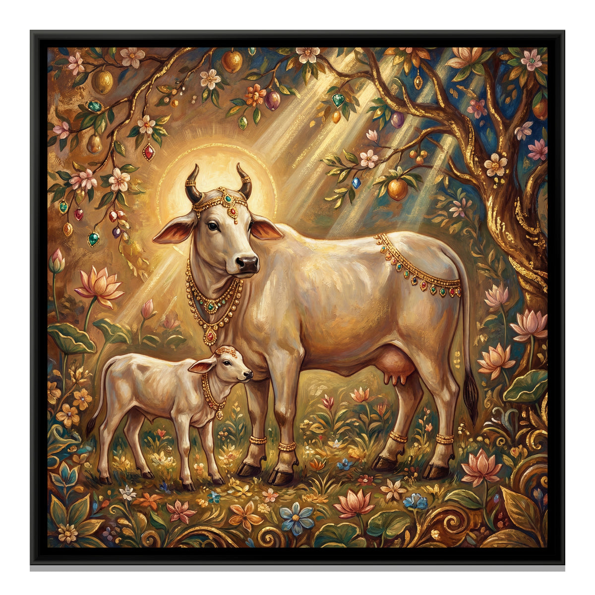 Kamadhenu Cow and Calf — framed canvas print, front view